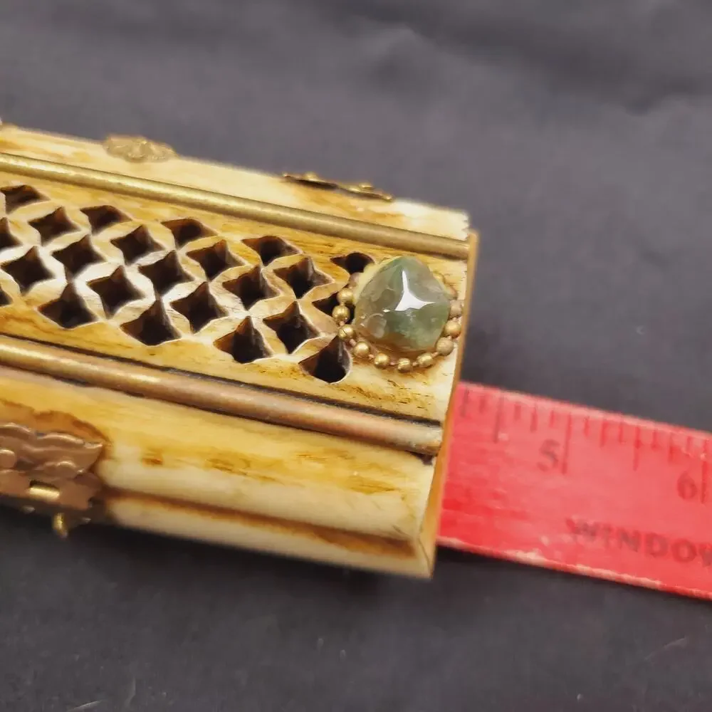 Vintage Camel Bone Jewelry Trinket Box - Brass Inlay Work Handmade Collectible